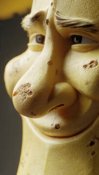 a close-up of that cheeky 3D banana character with bruised-spot dimples  bent-stem nose  and overlapping
