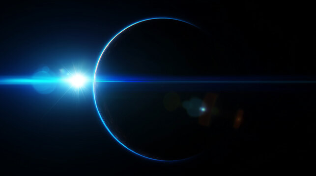 Blue planet eclipse with bright horizontal lens flare on dark space background, minimal futuristic celestial scene with glowing atmospheric rim, cosmic light and elegant sci fi ast
