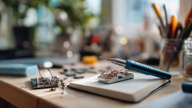 Overhead flat lay of scattered robot parts a soldering iron tiny circuit boards and a notebook with schematics on a clean bright workbench with softly defocused tools robotics