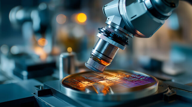 Close up macro of a silicon wafer with intricate microcircuits being precisely handled by a bright robotic arm in a softly defocused clean room silicon wafer microcircuits