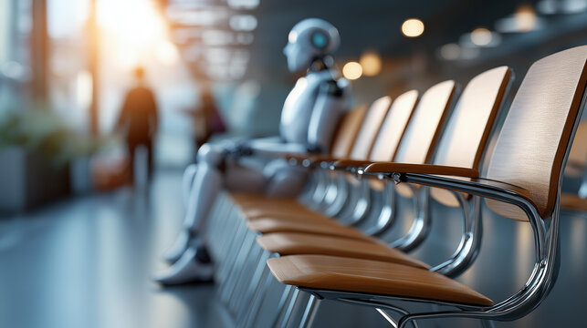 Cinematic wide view of a row of empty chairs in a bright softly defocused waiting room with a single humanoid robot figure seated at the end job interview automation concept