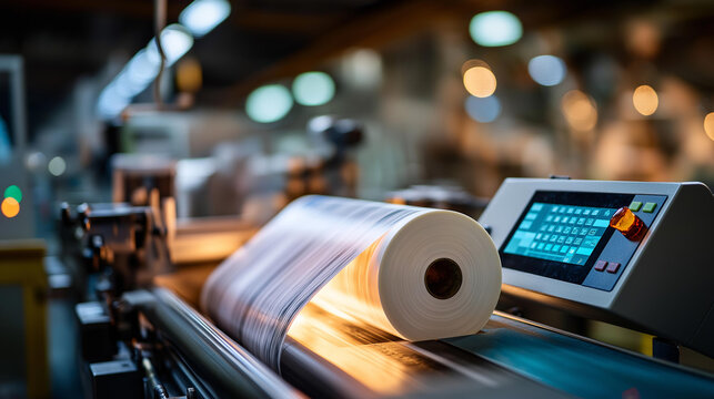 Close up macro of an automatic label printing machine with a glowing digital control panel printing on a softly defocused bright continuous plastic film roll label printing