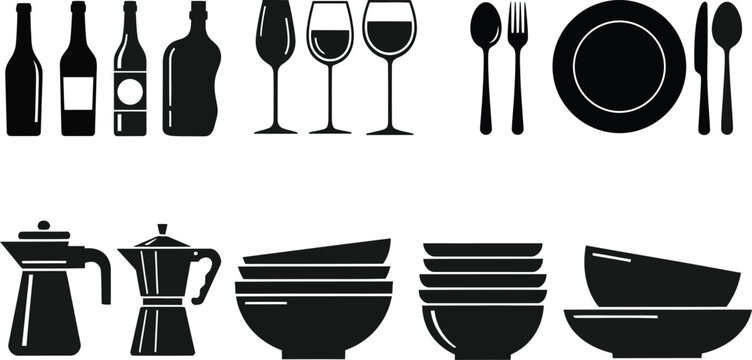 Black silhouette tableware set bottles glasses plates bowls and coffee pots