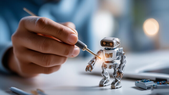 Close up of a hand holding a small screwdriver adjusting a sensor on a tiny humanoid robot figure on a bright clean desk robotic maintenance sensor calibration small robot