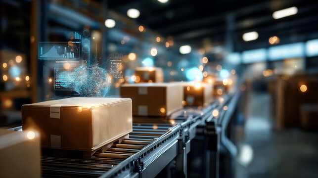 Cinematic wide view of a bright softly defocused warehouse with holographic data overlays projected above cardboard boxes and robotic inventory systems robotic vision warehouse