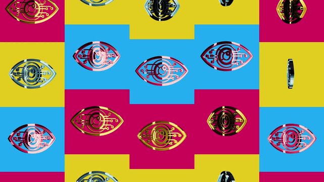 Digital eye security and privacy multiple 3d golden metal symbols looped and seamless animation