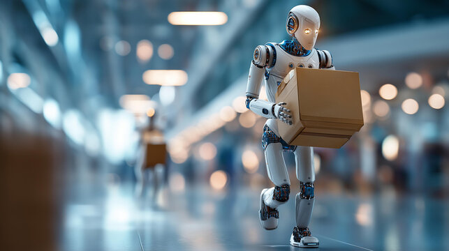 Cinematic wide view of a humanoid robot walking with a cardboard box through a bright softly defocused logistics warehouse with other autonomous robots in the distance humanoid