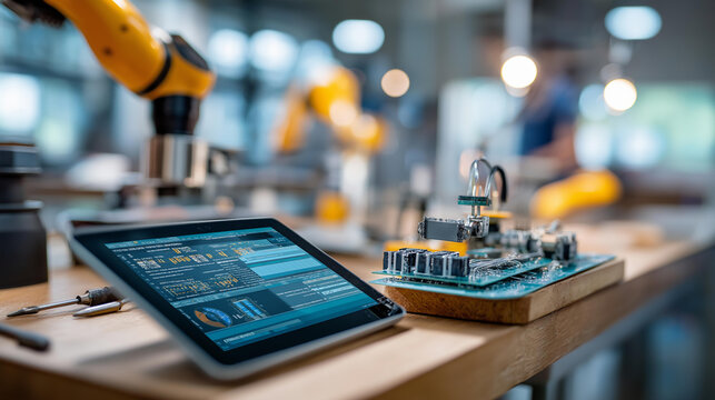 Overhead flat lay of a circuit board tiny robotic gripper and a tablet showing control software on a bright clean workbench with softly defocused soldering tools circuit board