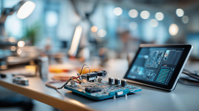 Overhead flat lay of a circuit board tiny robotic gripper and a tablet showing control software on a bright clean workbench with softly defocused soldering tools circuit board