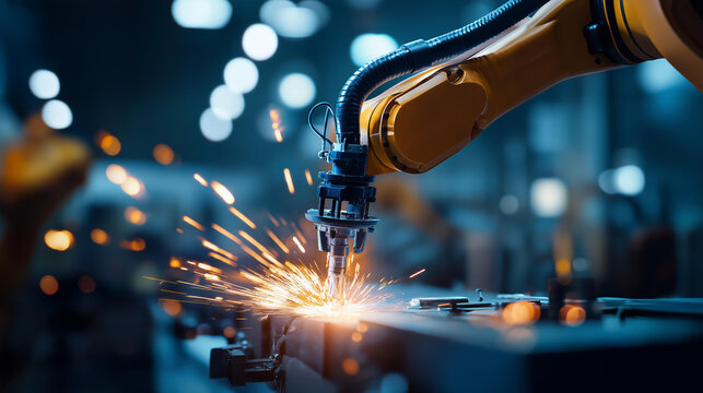 Low angle hero shot of a single industrial robot arm welding a metal part with bright sparks against a softly defocused industrial backdrop industrial robot welding metal
