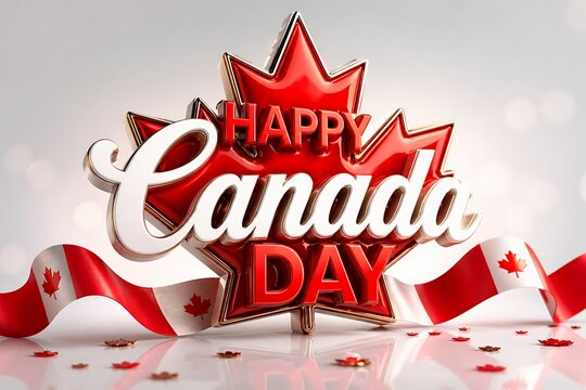 Glossy red and white canada day 3d text with maple leaf confetti on light background
