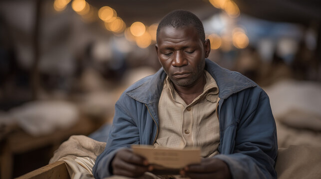 Refugee man in his forties sits on the edge of a donated cot in a community shelter, holding a worn photograph of his family, eyes cast down, humanitarian crisis personal grief, displaced adult male