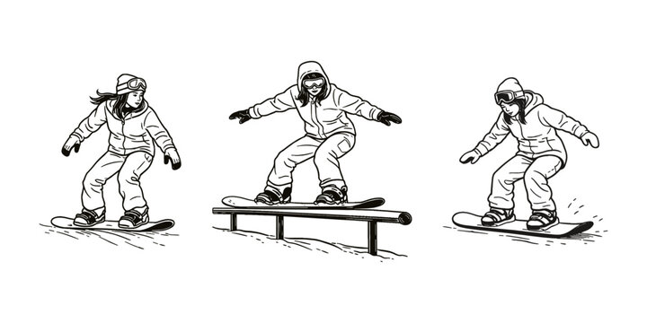 Women snowboarding icon set outline vector illustration