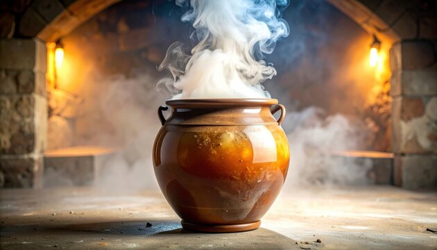A rustic ceramic crock filled with rich amber fermented vegetable brine sits on a surface while releasing gentle steam into the surrounding air to show active probiotic fermentation processes.