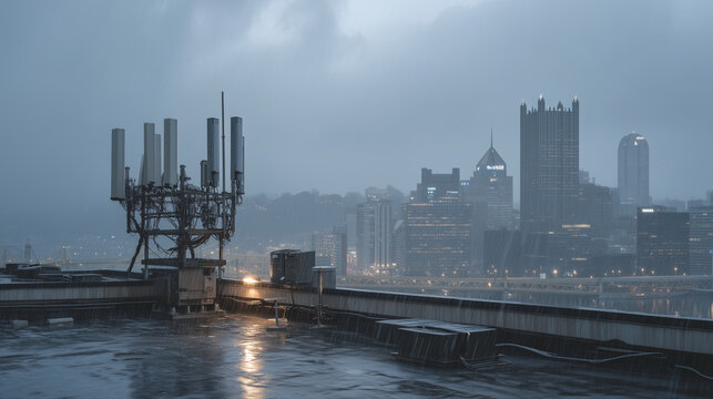 Rain-drenched rooftop antenna array with fiber optic quantum cryptography relay housing visible through downpour, moody industrial skyline, network security hardware, encrypted communication infrast
