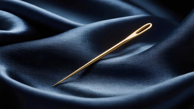 Golden sewing needle on dark silk &ndash; Great for "needle in a haystack" metaphors, artisan craftsmanship, or jewelry design blogs.