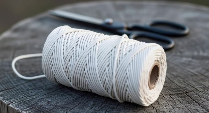 Close up of white cotton twine roll and scissors on wooden stump. Rustic craft supply for handmade projects and home decor.