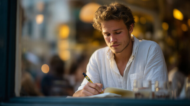 Single male barista at caf&eacute; counter sketching quantum circuit diagrams on napkin during slow morning, golden hour through front window, self-taught developer, quantum programming self-study, informa
