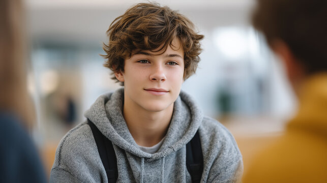Teenage boy mediating conflict between two peers in school hallway under supervision of counselor, anti-bullying restorative circle, peer leadership program, middle school conflict resolution, stude