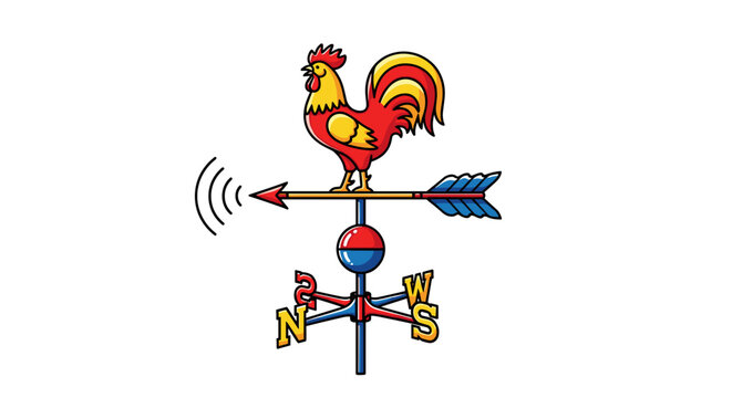 A traditional colorful rooster weathervane with cardinal directions, an arrow, and a subtle wind indicator, isolated on a white background.