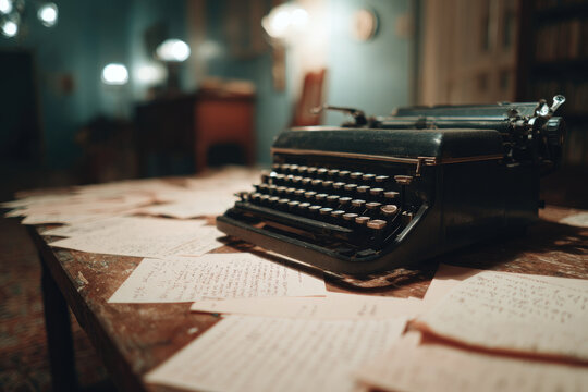 Vintage Typewriter on Wooden Desk Surrounded by Handwritten Pages in Cozy Room