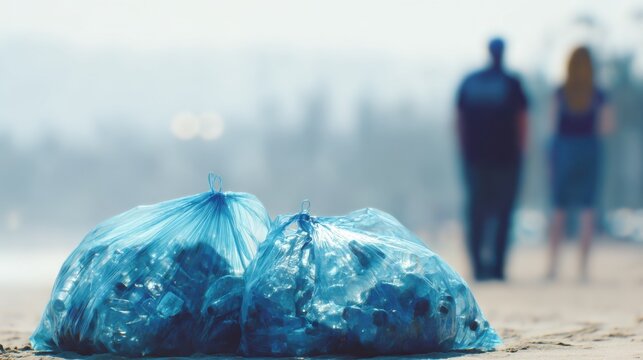 Reusable trash bags filled with plastic bottles and waste  faceless volunteers in background out of focus, concept of litter picking and ecosystem safeguarding