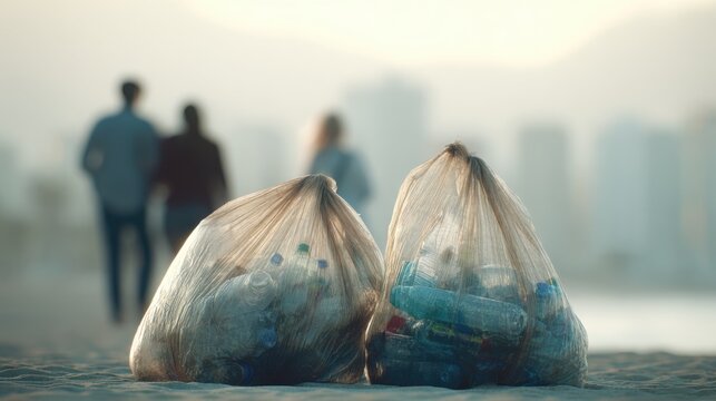 Reusable trash bags filled with plastic bottles and waste  faceless volunteers in background out of focus, concept of litter picking and ecosystem safeguarding