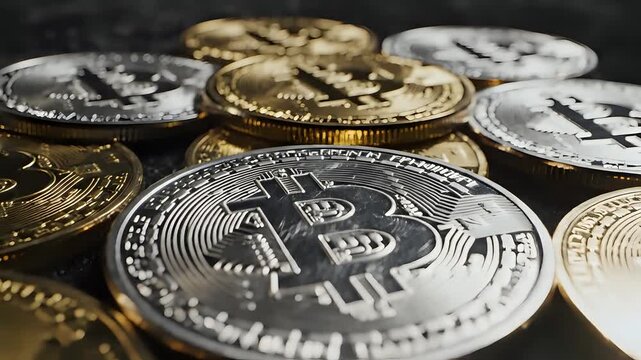 Closeup of Gold and Silver Bitcoin Cryptocurrency Coins Scattered.
