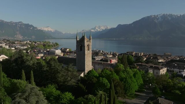 Aerial view of St Martin church Vevey Switzerland