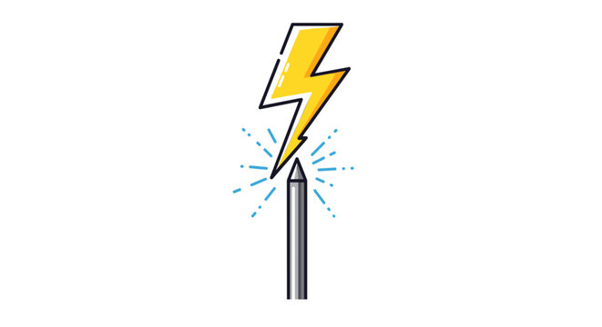 A powerful yellow lightning bolt striking a slender grey pole, creating bright sparks and illustrating the potent force of electricity and impact.