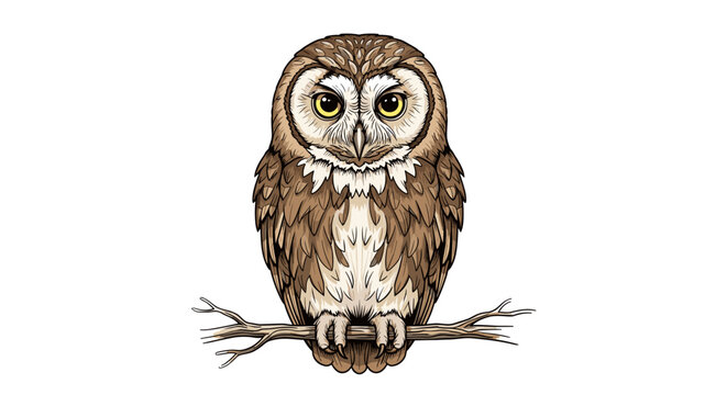A detailed illustration of a wise brown owl with striking yellow eyes perched calmly on a bare wooden branch against a pristine white background.