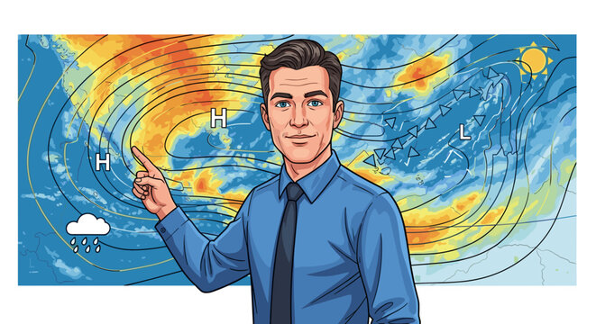 A confident meteorologist, pointing definitively at a dynamic weather map filled with atmospheric pressure systems and storm clouds, delivers an important forecast.