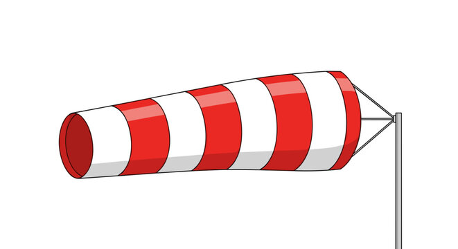 A classic red and white striped windsock, fully extended and indicating wind direction, attached to a simple metal pole against a clean white background.