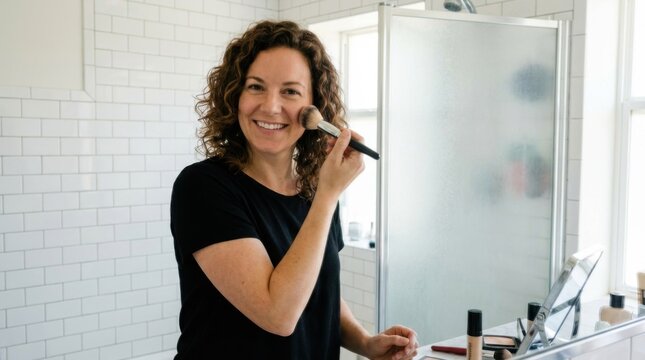 Cheerful Caucasian woman using a soft makeup brush on her cheek during a morning beauty routine in a white subway tiled bathroom.