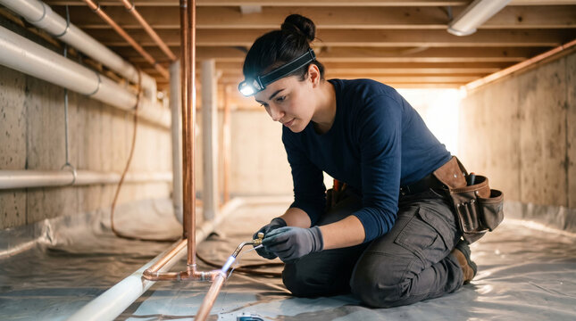 Plumber apprentice in crawlspace beneath older home installing copper piping, headlamp illuminating tight workspace, trade school placement, skilled labor shortage, hands-on certification training, 