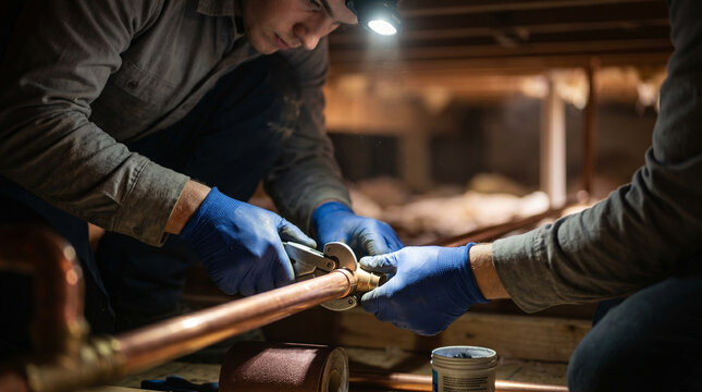 Plumber apprentice in crawlspace beneath older home installing copper piping, headlamp illuminating tight workspace, trade school placement, skilled labor shortage, hands-on certification training, 