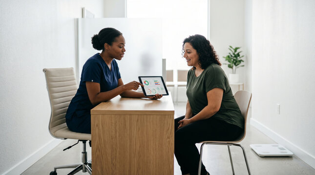 Nurse measuring patient BMI at clinical intake station, digital scale, medical environment, obesity screening, preventive healthcare, wellness assessment, weight management, bariatric nursing, patie