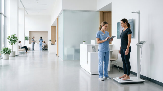 Nurse measuring patient BMI at clinical intake station, digital scale, medical environment, obesity screening, preventive healthcare, wellness assessment, weight management, bariatric nursing, patie