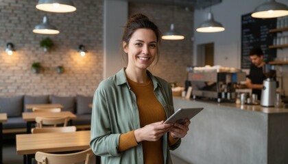 Fototapeta premium Successful female coffee shop manager holding a digital tablet smiles cheerfully while standing in her contemporary restaurant.