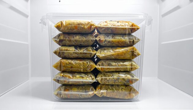 Emergency food rations stored in individually sealed pouches inside a clear plastic container for long term disaster preparedness and crisis management logistics.