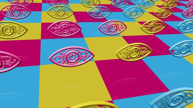 Digital eye security and privacy multiple 3d symbol looped and seamless object pattern animation