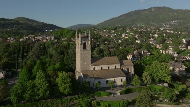 Aerial view of St Martin church Vevey Switzerland