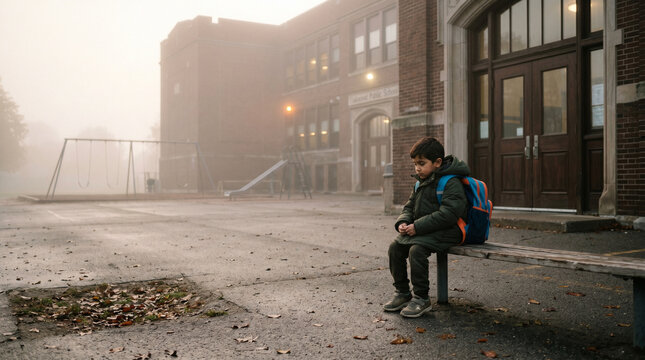 Mist-covered morning schoolyard where refugee child in donated coat waits alone for school doors to open, backpack too large for small frame, school integration solitude, newcomer child resilience, 