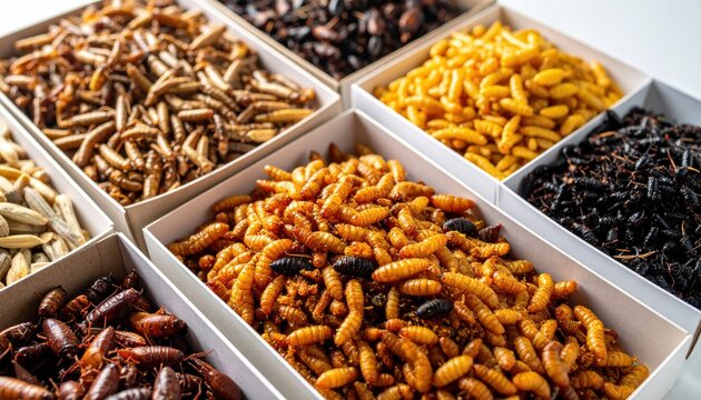 A collection of high protein insect snacks displayed in neat white containers. Various types of edible larvae and pupae are presented as an alternative and sustainable food source.