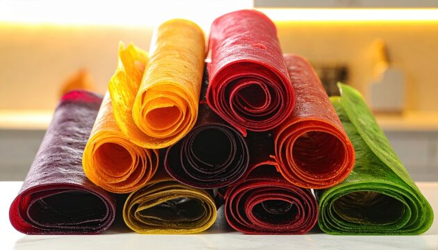 A stack of colorful vibrant fruit leather rolls arranged in a close up display.