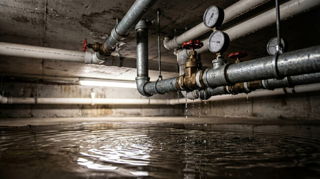 Leaking metal pipe in dark basement with water flood on floor. Industrial plumbing failure and water damage emergency. Broken pipeline system with dripping liquid and pressure gauge.