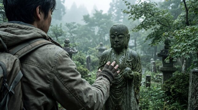 Hiker Touches Moss-Covered Buddha Statue in Misty Japanese Cemetery