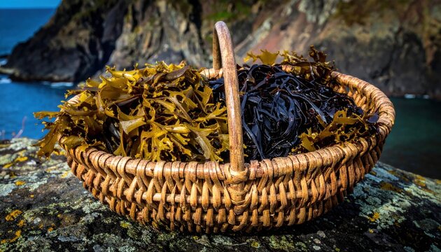 Freshly foraged sea vegetables like kelp and dulse piled neatly inside a rustic wicker basket on a rocky coastal shoreline, capturing the essence of sustainable wild food gathering from nature.