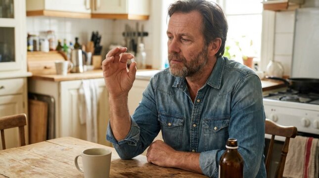 Bearded mature man in a denim shirt holding a single white tablet above a wooden kitchen table, contemplating medication dosage.