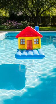 Inflatable house toy floating on a sunny swimming pool, evoking summer fun and playful childhood nostalgia